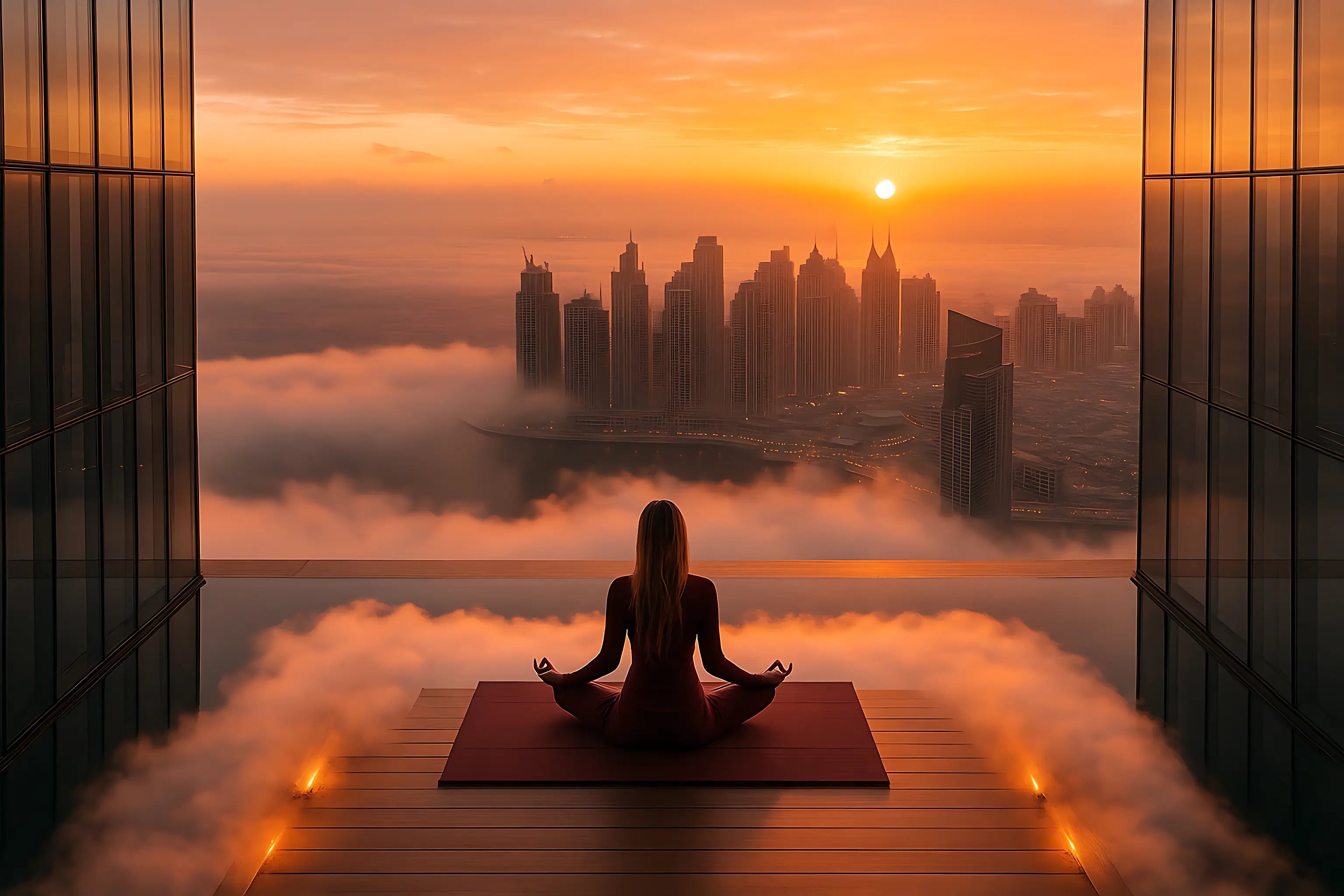 A woman meditates on the balcony of a luxury apartment, looking out at the city skyline bathed in the glow of the sunrise.
