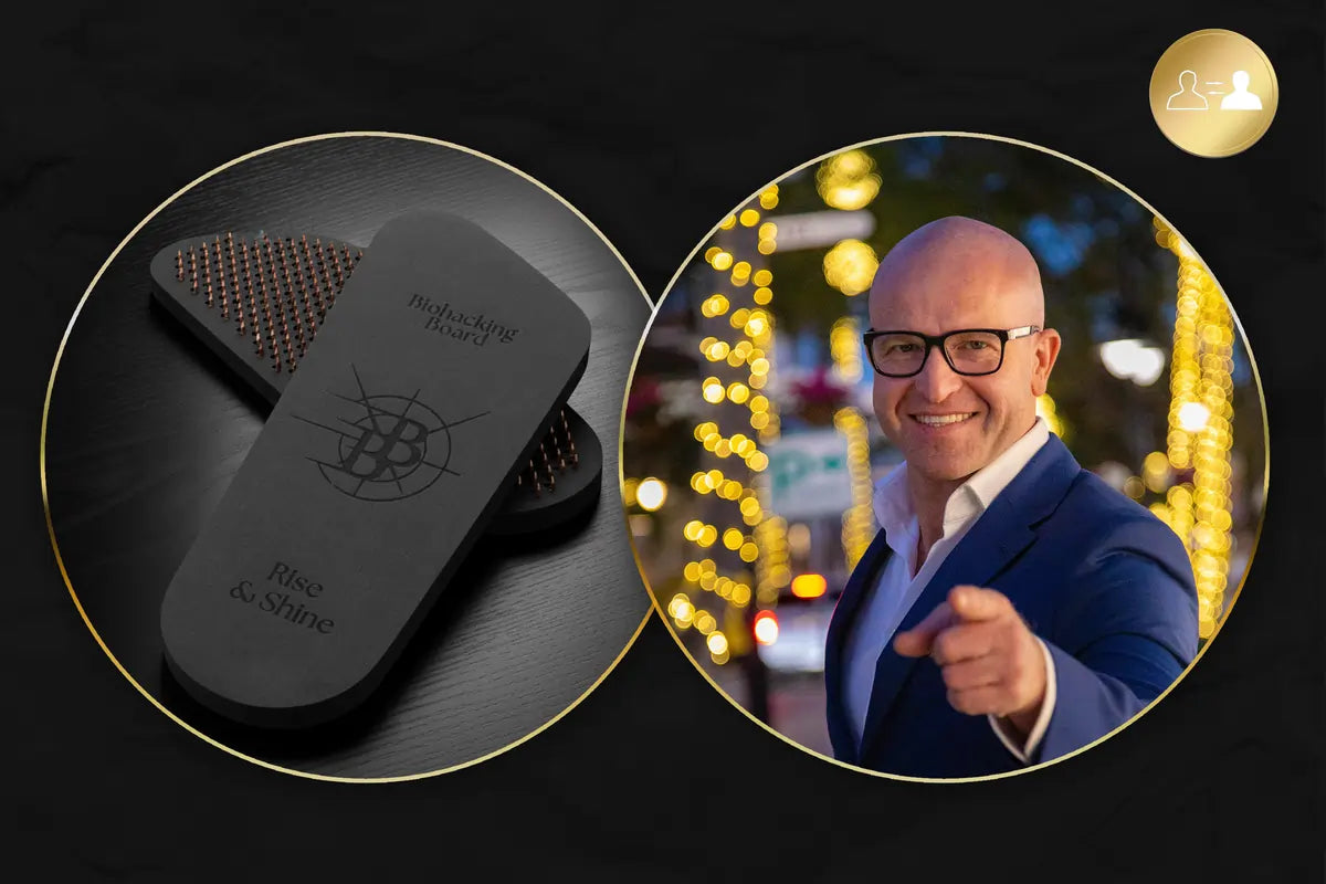 Biohackingboard copper edition and a person in formal attire with blurred background