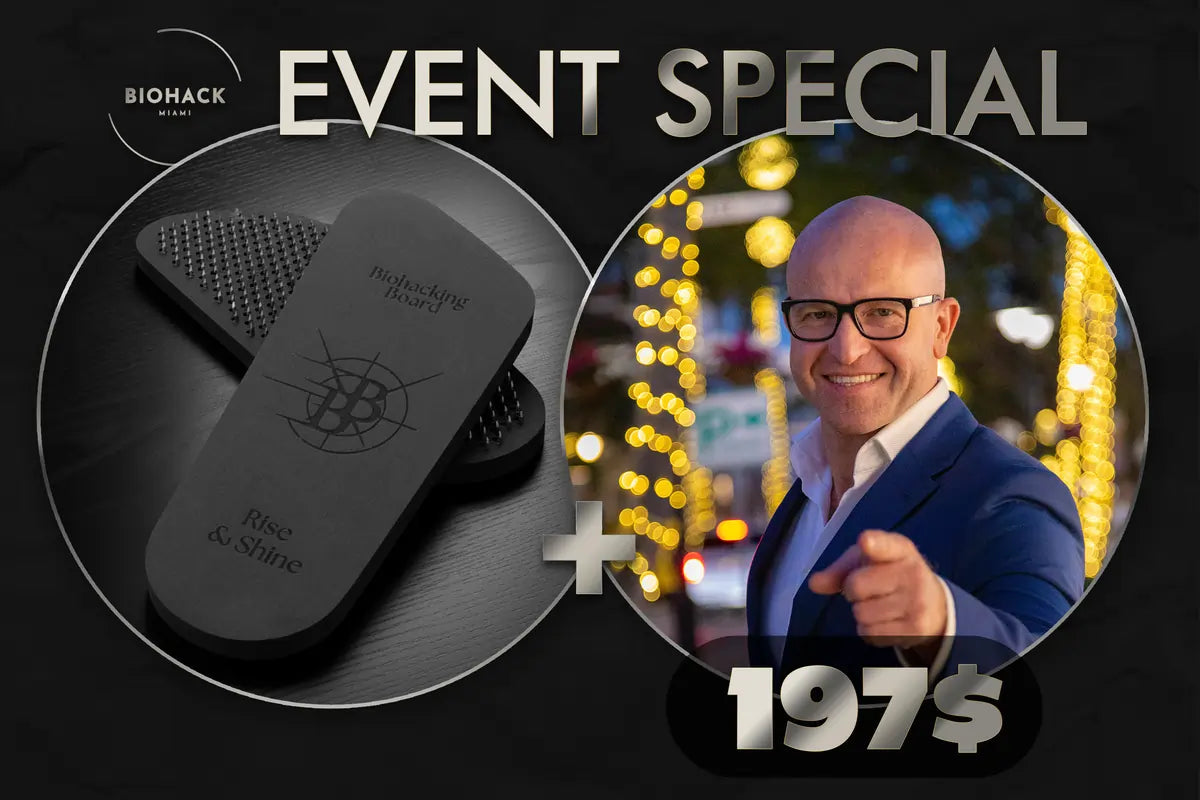 Promotional graphic for an event special with a product and a person, featuring text and a dark background.